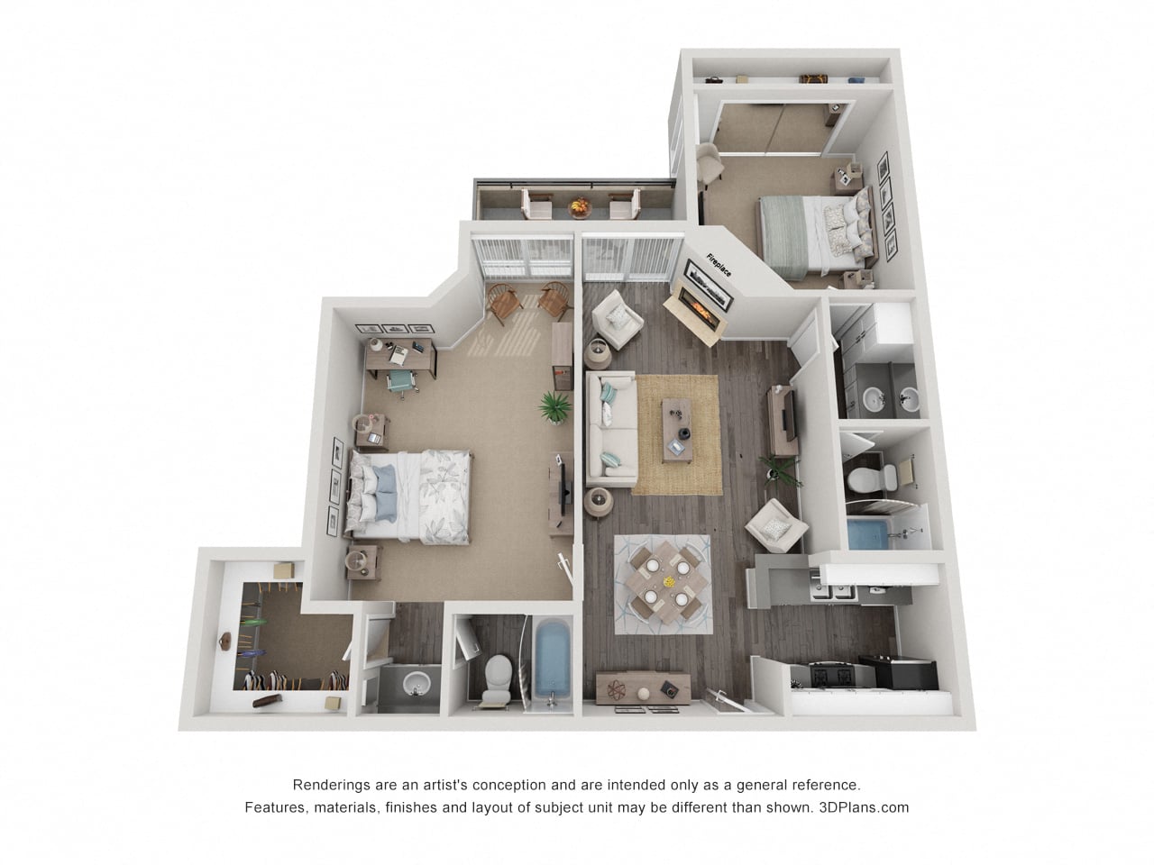Floor plan for 2 beds, 2 baths, 1085 sqft